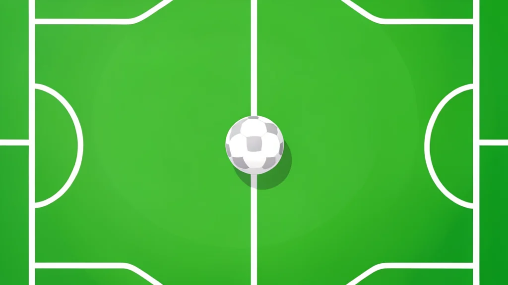 A green soccer pitch with white boundary lines and a single ball resting on the grass