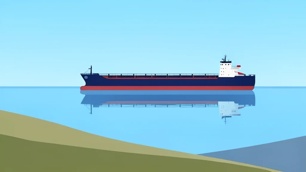 A calm harbor with a large oil tanker anchored in the distance under a clear sky