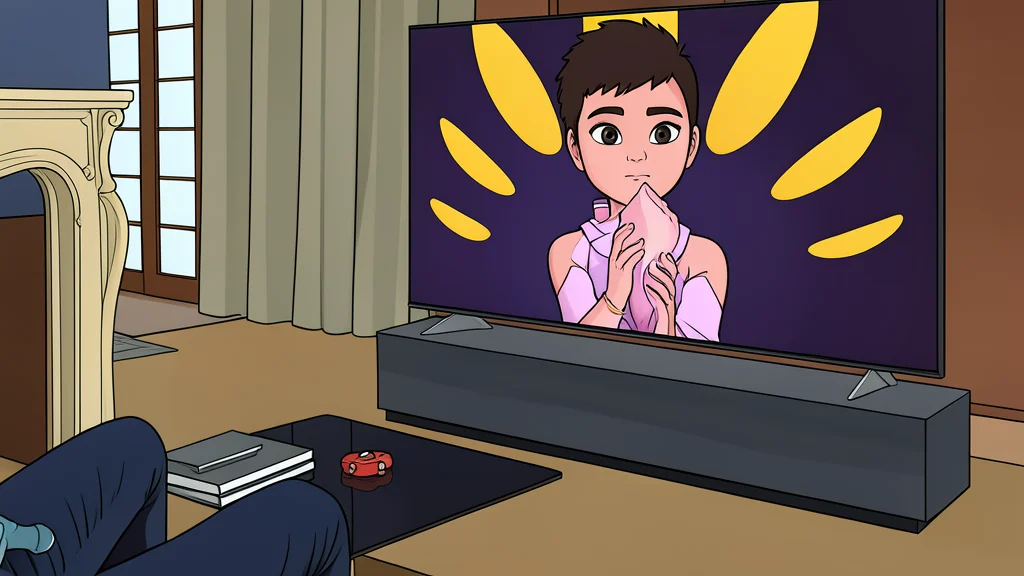 A flat-vector illustration of a modern television set in a dark room with a small, glowing microphone icon on the frame.
