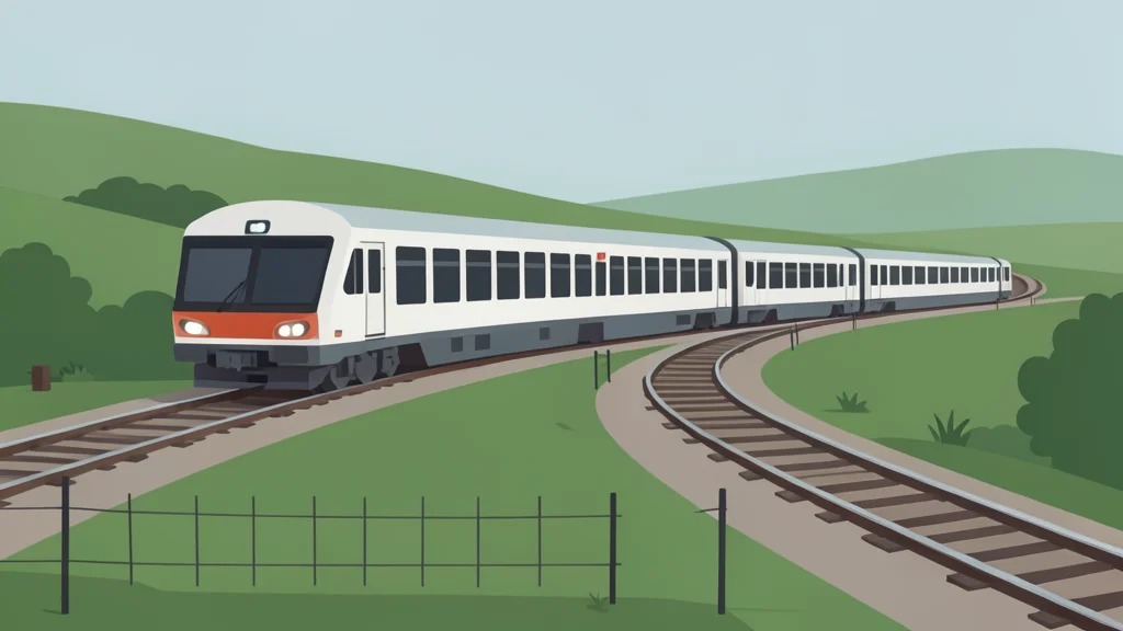 A long passenger train traveling along a railway track through a rural landscape near a border fence