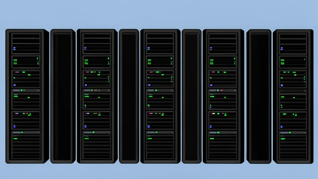 A server room with rows of black computer towers and blinking status lights