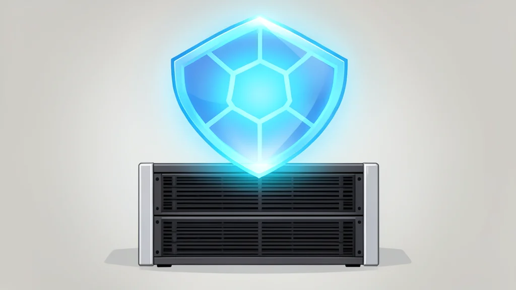 A glowing digital shield hovering over a server rack