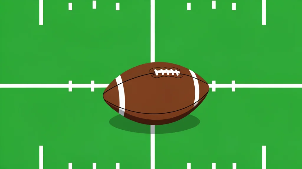 A green football field with white yard lines and a brown leather football resting on the grass