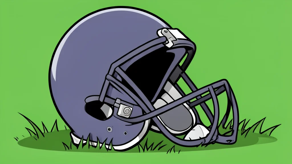 A green and gold football resting on a grass field