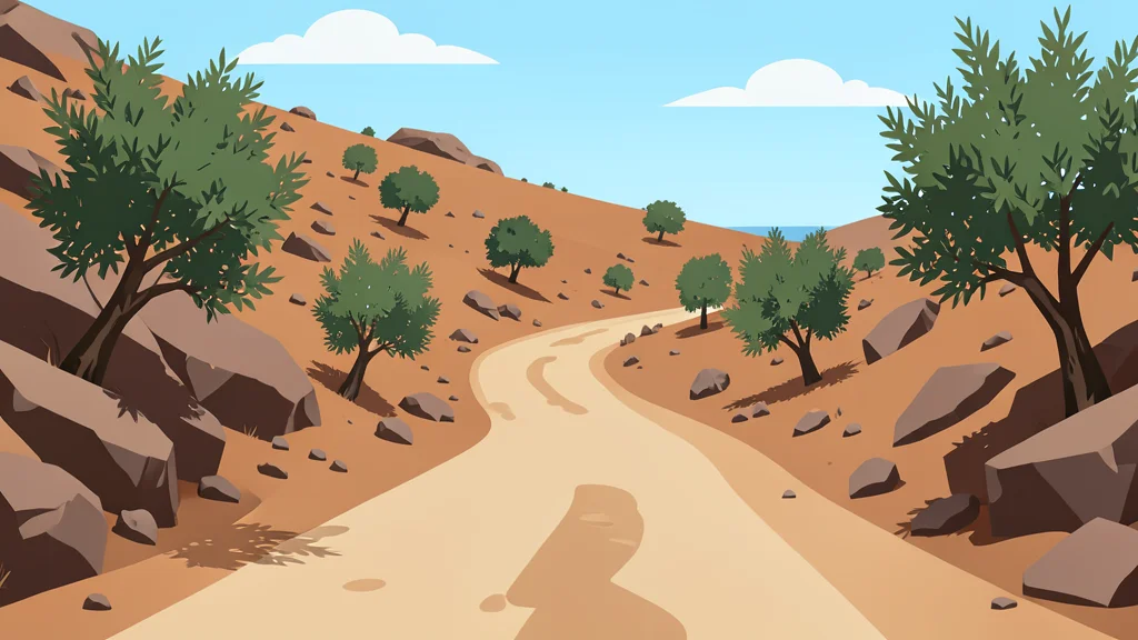 A dusty, unpaved road winding through a dry, rocky hillside landscape with scattered olive trees.