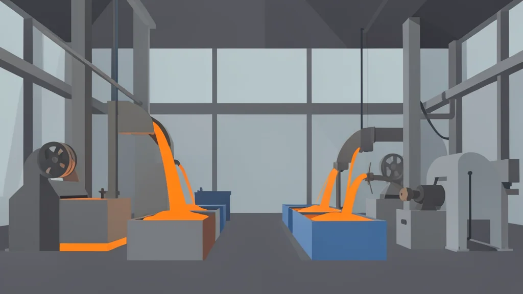 A large industrial foundry with heavy machinery and metal casting equipment
