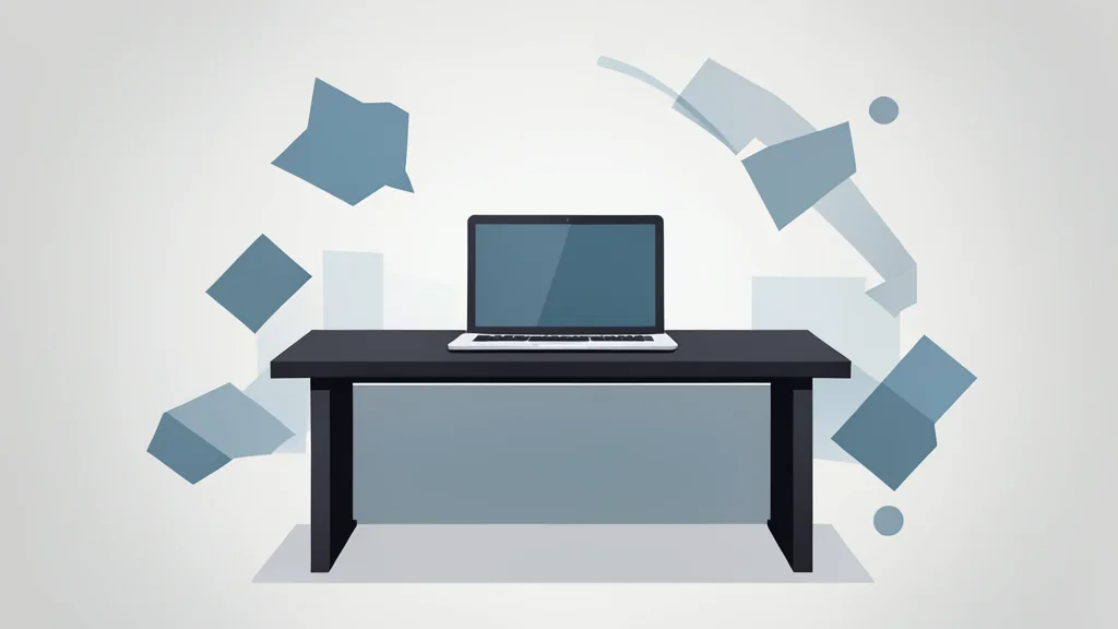 A modern office desk with a laptop, surrounded by abstract geometric shapes representing digital workflows.