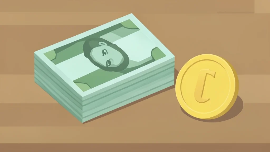 A stack of paper currency bills and a single gold coin resting on a wooden desk