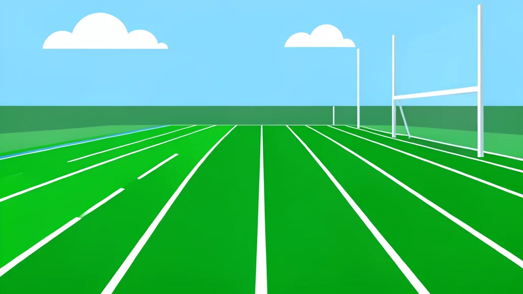 A green football field with white yard lines and goalposts in the distance