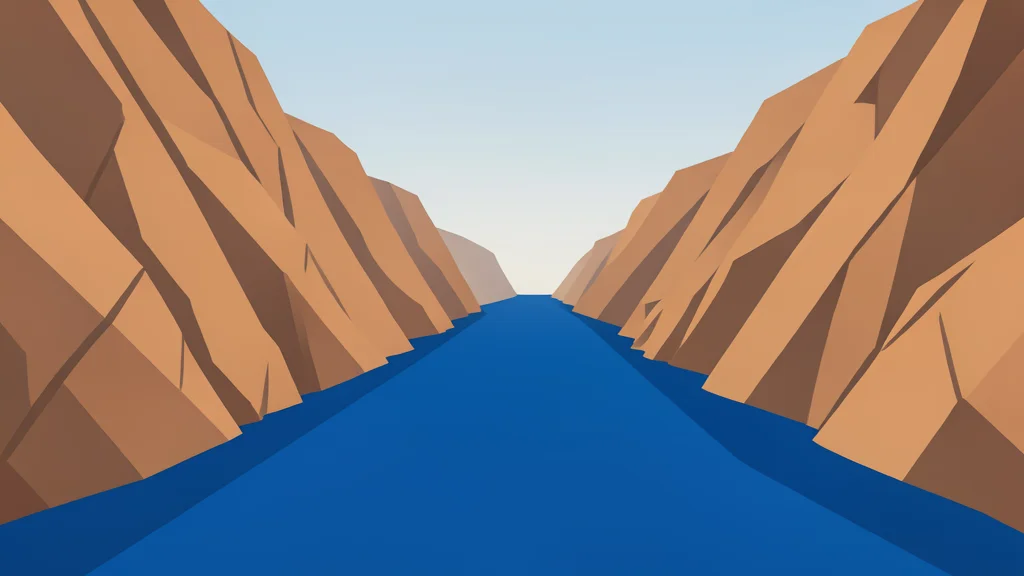 A narrow, deep blue waterway flanked by steep, arid rocky cliffs under a hazy sky