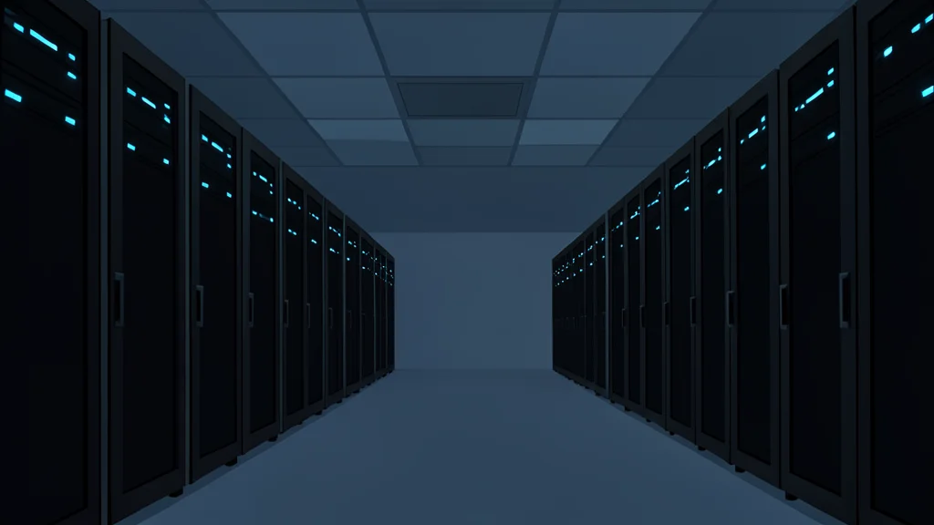 A vast, dimly lit server room with rows of tall black cabinets and glowing blue status lights