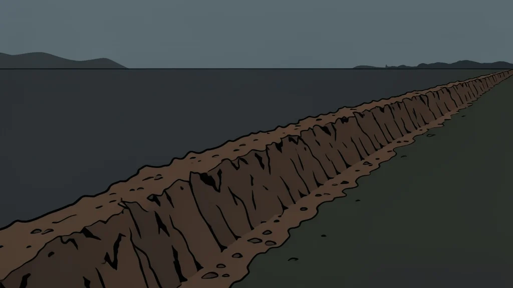 A rugged, muddy trench line cutting through a dark, overcast field