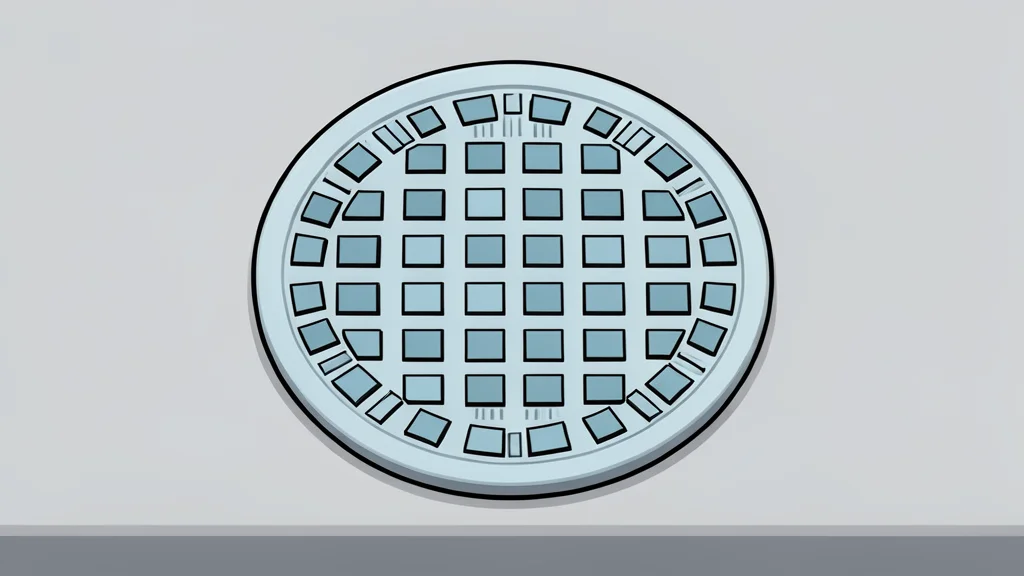 A close-up view of a silicon wafer with a grid of square chips, resting on a clean laboratory surface.