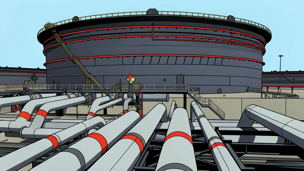 A large industrial oil refinery complex with tall smokestacks and storage tanks situated near a coastline