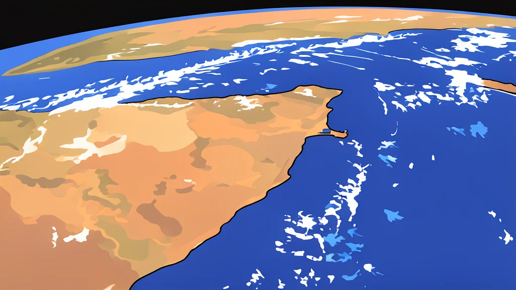 A flat vector illustration of a rocky strait connecting two large bodies of water with a cargo ship silhouette in the channel.