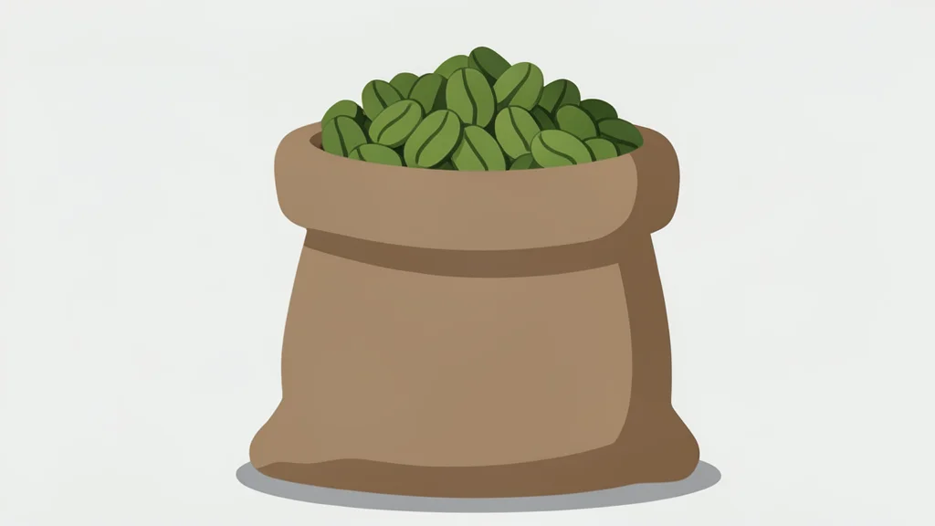 A burlap sack overflowing with raw green coffee beans on a wooden surface.