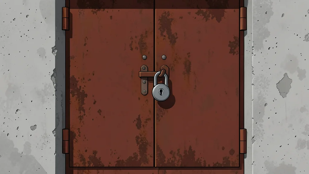 A heavy iron gate with a padlock, standing in a dimly lit corridor