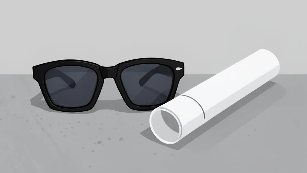 A pair of rugged industrial safety glasses resting on a concrete surface next to a rolled-up blueprint