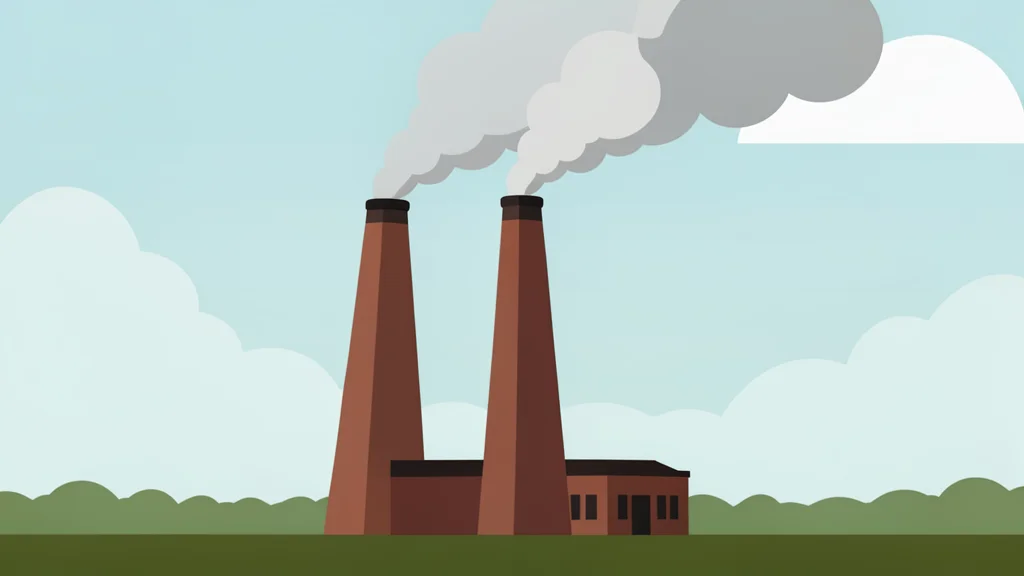 A coal-fired power plant with tall smokestacks releasing plumes of smoke into a hazy sky