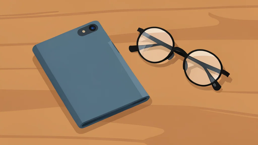 A sleek, folded smartphone resting on a wooden table next to a pair of reading glasses