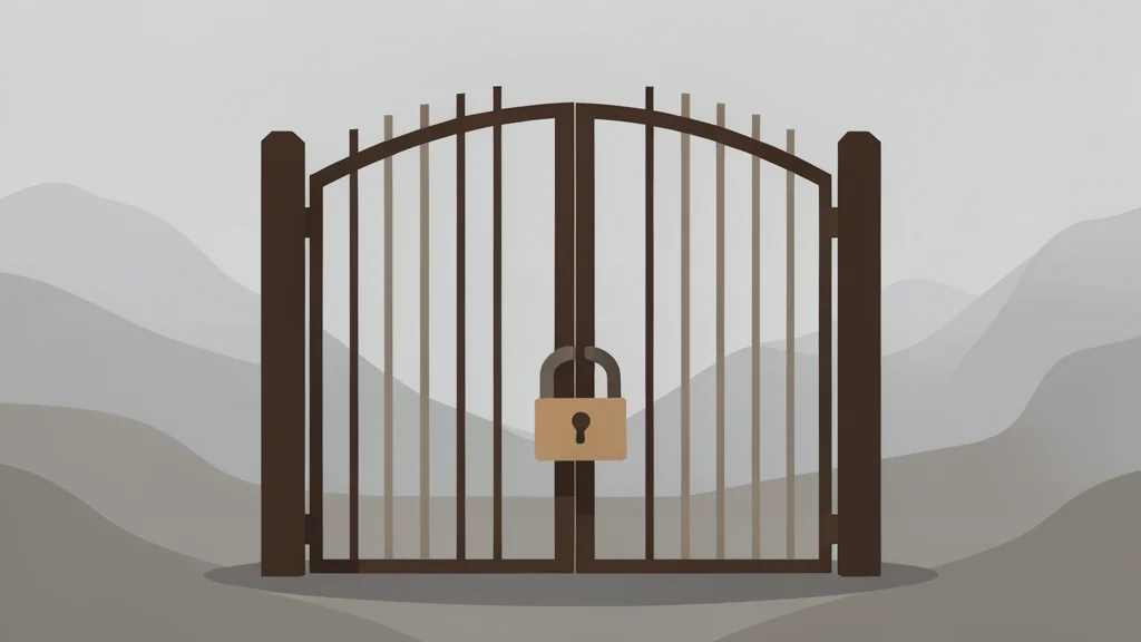 A heavy iron gate with a padlock, standing in a foggy landscape