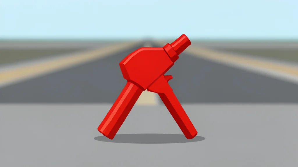 A fuel pump nozzle resting on a concrete surface next to a blurred highway in the distance