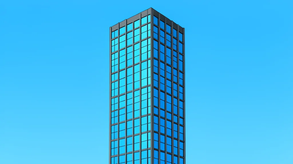 A modern glass skyscraper with a grid-like facade reflecting a clear blue sky