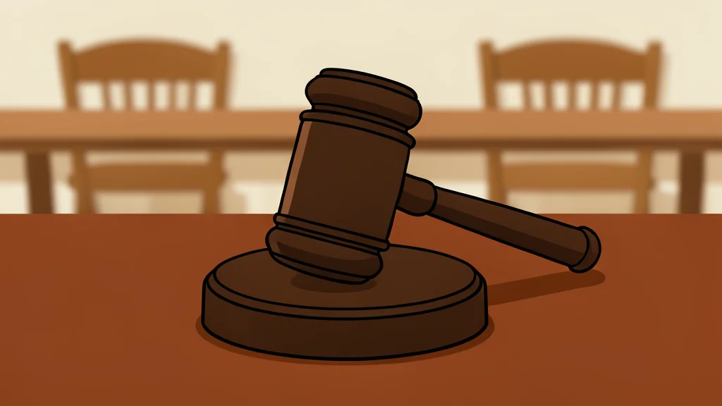 A wooden gavel resting on a dark mahogany desk surface