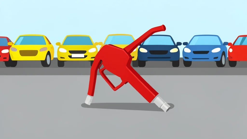 A fuel pump nozzle resting on concrete next to parked cars
