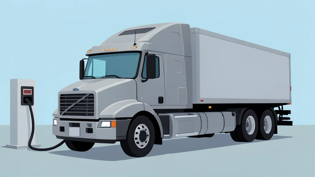 A large electric semi-truck parked at a charging station with a thick cable connected to its side