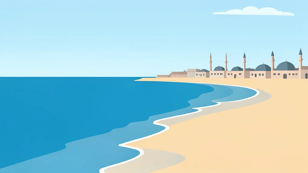 A calm stretch of the Atlantic coastline meeting the Mediterranean sea, with a distant view of a North African city skyline