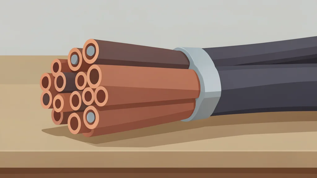 A bundle of thick, insulated copper cables with metallic connectors resting on a workbench