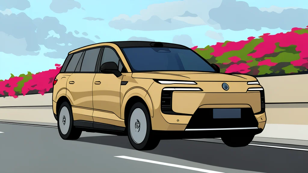 A modern electric SUV parked next to a minimalist charging station with a coiled cable.