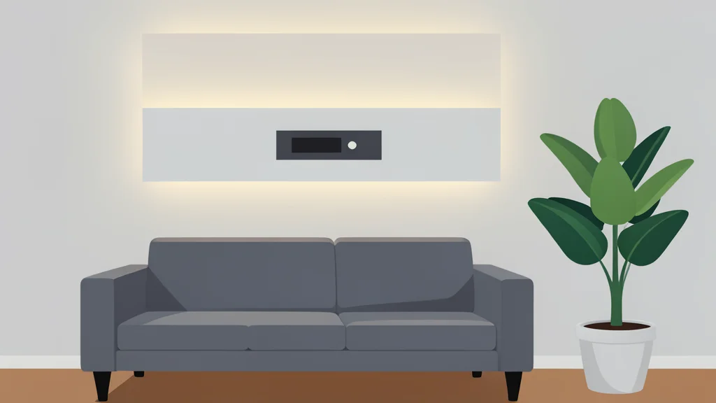 A modern living room interior featuring a sleek, wall-mounted control panel and ambient lighting strips