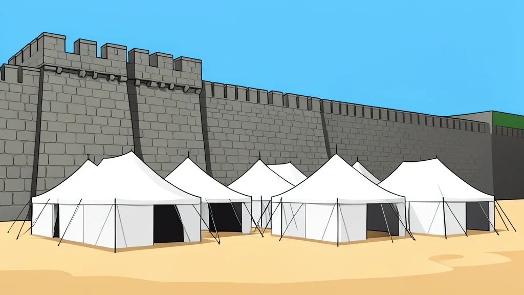 A row of white canvas tents set up on a sandy beach near a stone fortress wall