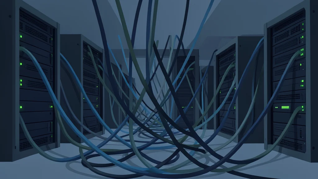 A tangled knot of fiber optic cables and server racks in a dimly lit data center