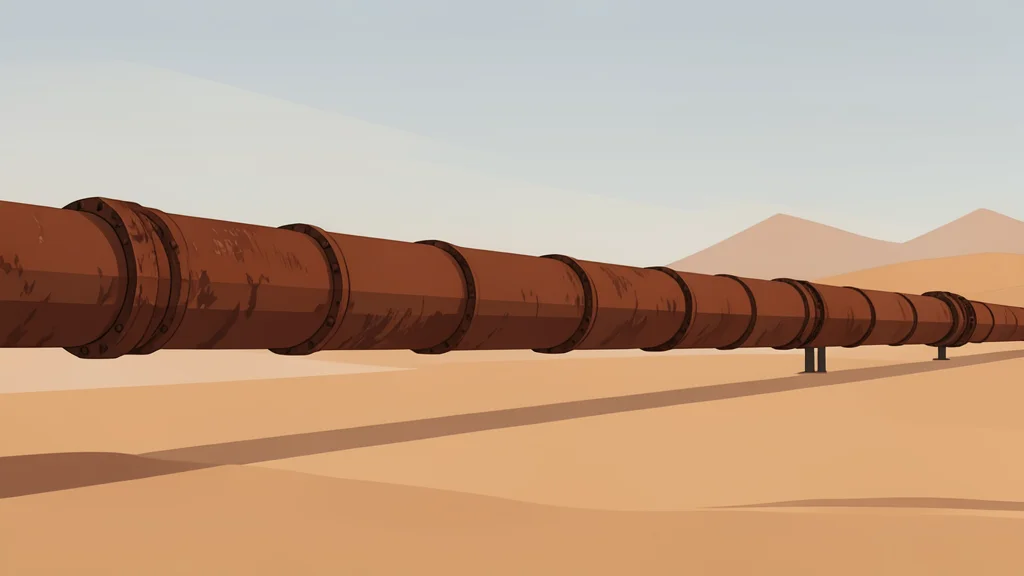 A long, rusted steel pipeline stretching across a vast, arid desert landscape under a hazy sky