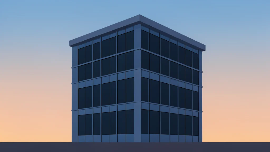 A modern glass office building with darkened windows at dawn