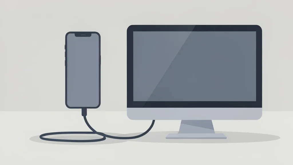 A flat vector illustration of a smartphone connected to a desktop computer via a cable, set against a neutral background.