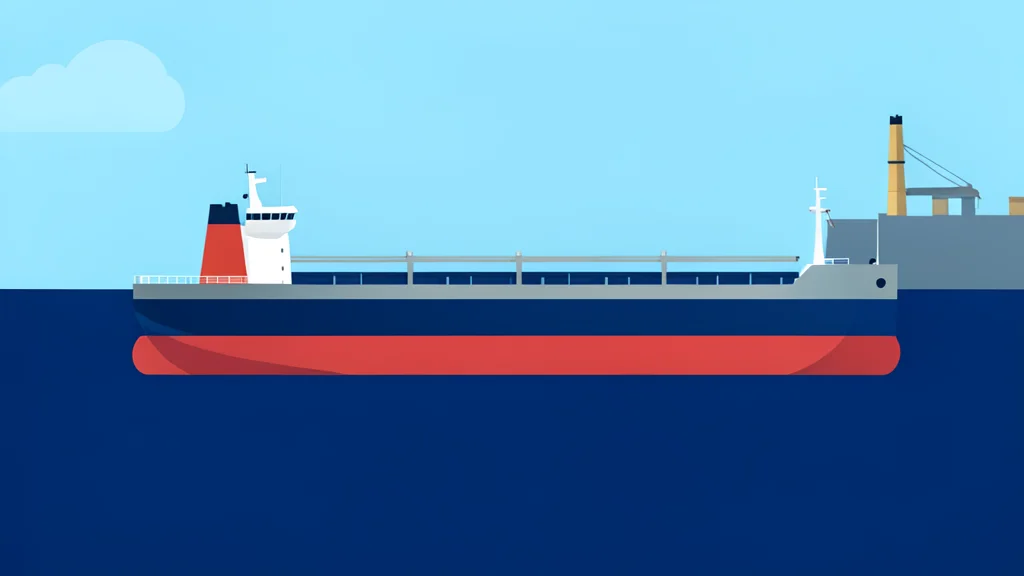 A large oil tanker ship floating on dark blue water near a coastal port facility