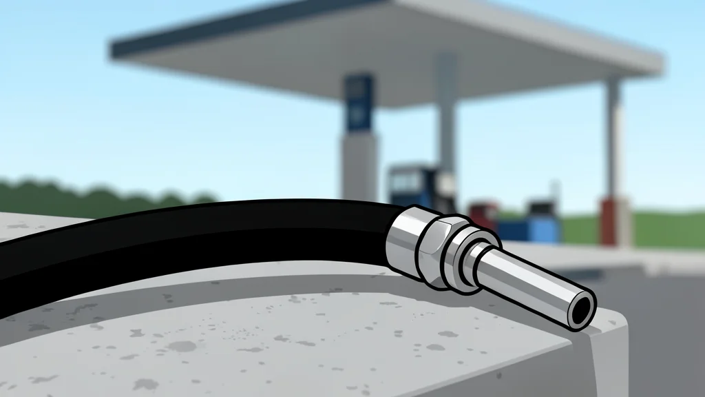 A red fuel pump nozzle resting on a concrete surface next to a yellow gas can.