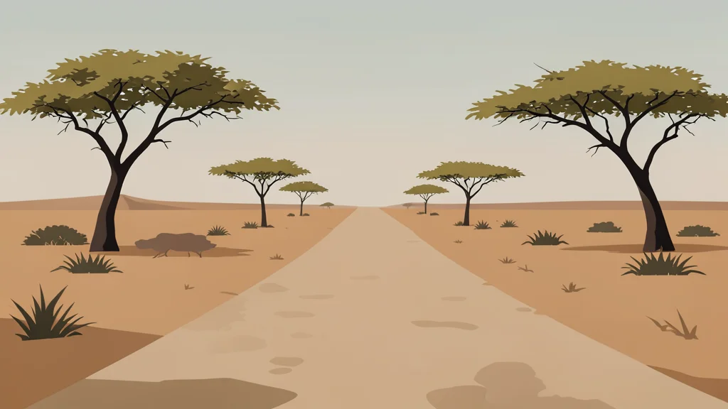 A dusty, unpaved road stretching through a dry, arid landscape with sparse acacia trees under a hazy sky