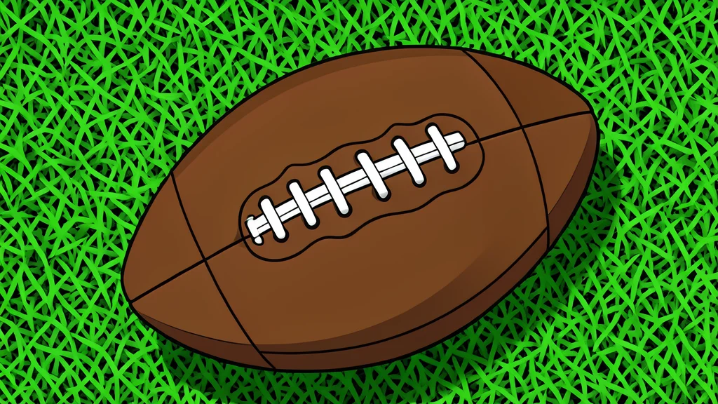 A green football field with white yard lines and a brown leather football resting on the grass