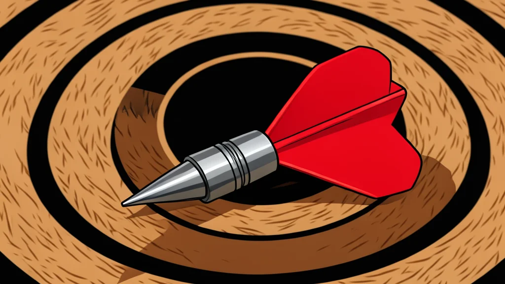 A red dart with white flights resting on a circular target board with concentric rings