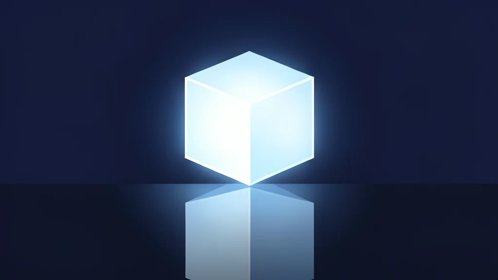 A glowing, translucent cube floating above a dark, reflective surface
