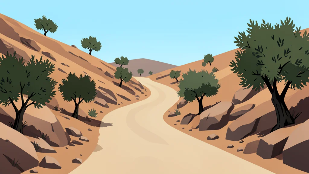 A dusty, unpaved road winding through a dry, rocky hillside landscape with scattered olive trees.