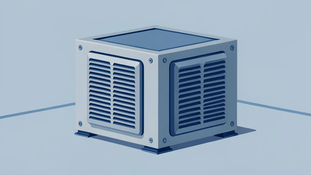A large, rectangular industrial fuel cell stack with visible ventilation grilles and metallic casing, standing in a clean, modern industrial facility.