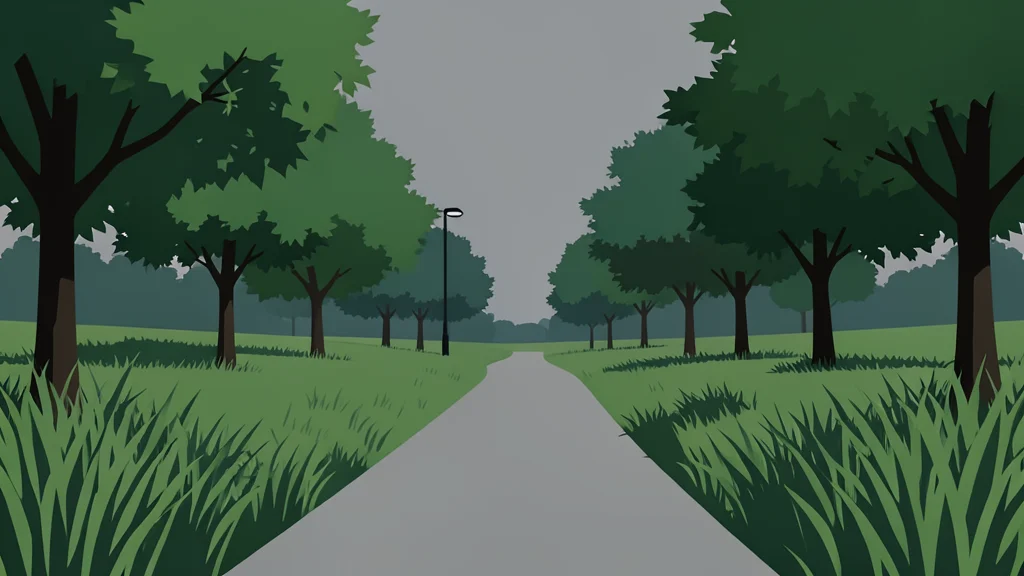 A quiet, empty park path winding through tall grass and trees under a grey sky