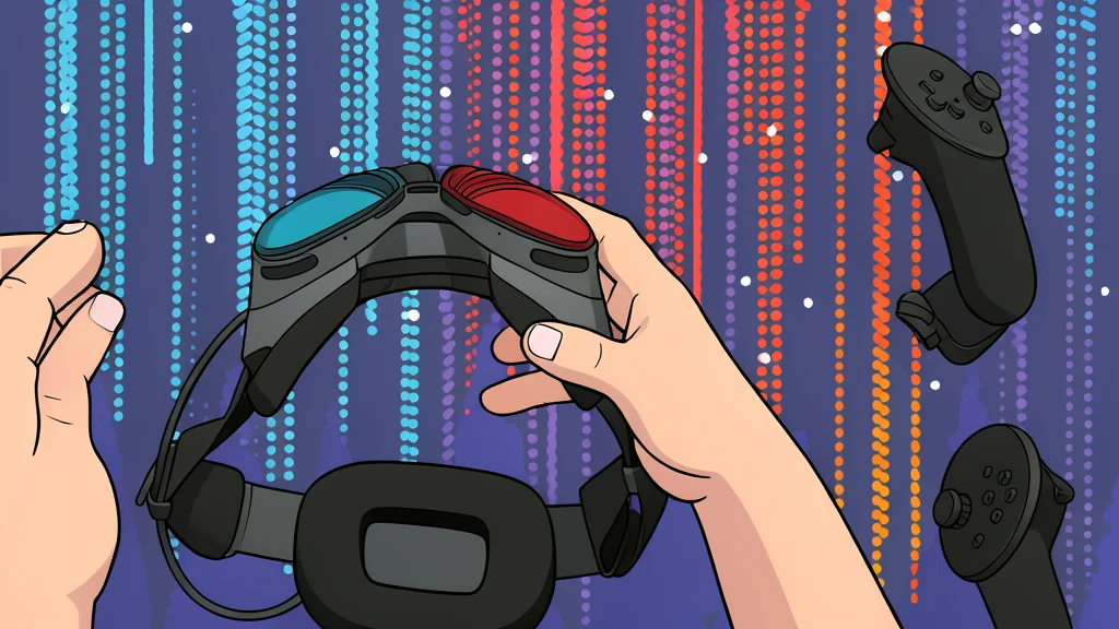 A sleek virtual reality headset resting on a wooden desk next to a pair of motion controllers