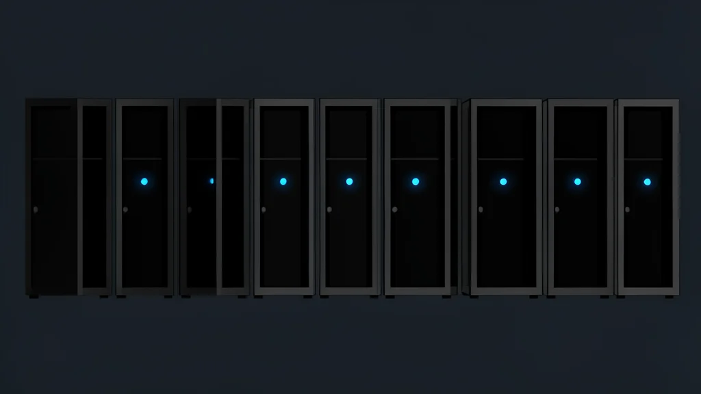 A dimly lit server room featuring rows of black computer towers with small, glowing blue status lights.